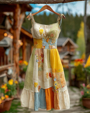 Women's Summer Vacation Floral Embroidered Color-Blocked Spaghetti-Strap Dress 1213