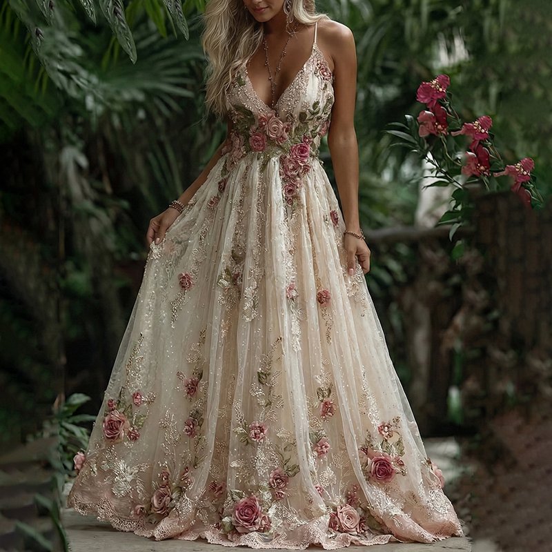 Women's Pink Rose Embroidery Art Suspender Maxi Dress 53c9
