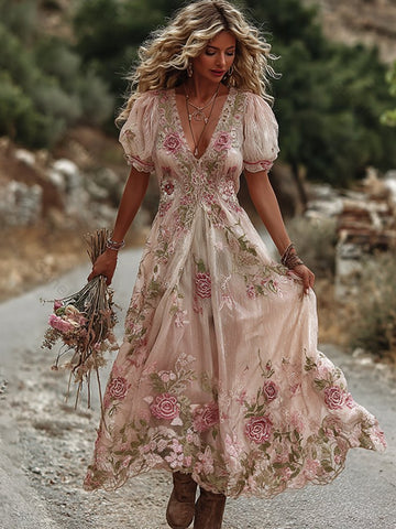 Women's Vintage Rose Embroidery Art Comfy Linen Maxi Dress 0ee4