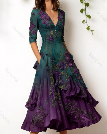 Women's Elegant Floral Embroidered Ombré Dress with Asymmetrical Ruffles 4393