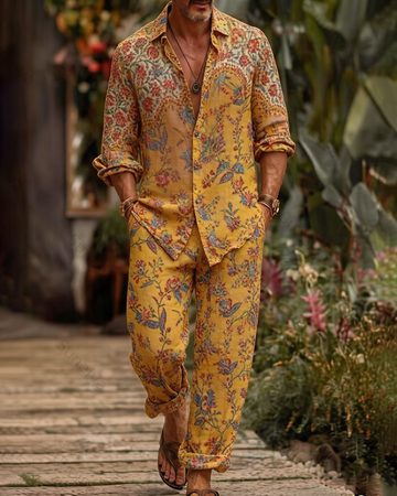 Men's Fashion Color-Blocked Print Long-Sleeve Shirt and Pants Two-Piece Set 7229