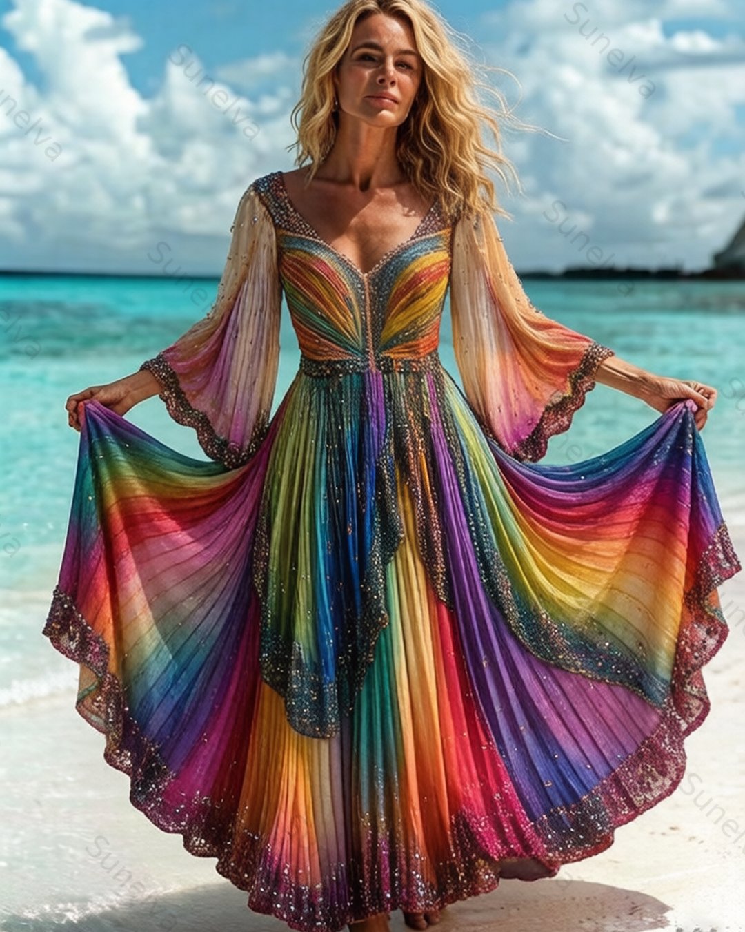 Women's Summer Vacation Fashionable and Elegant Irregular Tie-Dyed Chiffon Dress  3988