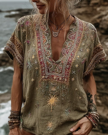 Women's Summer Star and Moon-Themed Embroidered Top 5540
