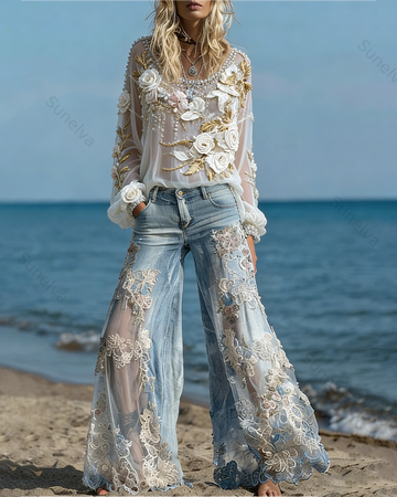 Women's Spring Resort Floral Embroidered Top & Pants Two-Piece Set8008