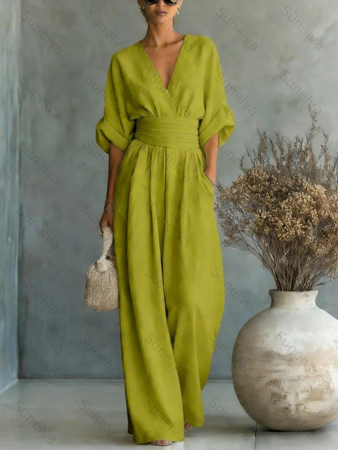 Elegant Vacation Casual Fashion V-neck Waist Jumpsuit 469e