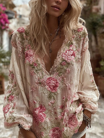 Women's Vintage Pink Floral Embroidered Art V-neck Linen Blend Blouse 3f44