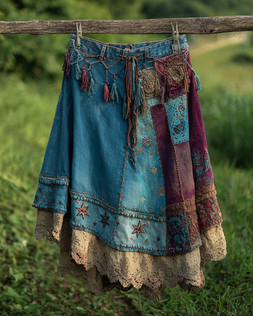 Spring/Summer Bohemian Style Color Block Denim Linen Skirt8454