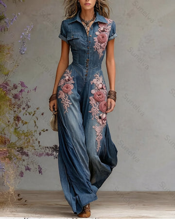 Women's Summer Vacation Flowers Embroidery Irregular Ruffle Jumpsuit 4501
