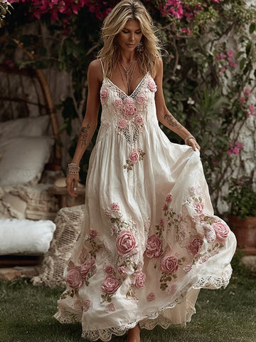 Women's Pink Rose Art V Neck Suspender Maxi Dress aa77