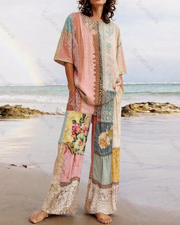 Women's Summer Resort Floral Embroidery Patchwork Linen Short-Sleeve Top & Pants Two-Piece Set  9380