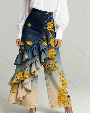 Women's Summer Elegant Floral Embroidery Ruffled Patchwork Gradient Denim Jeans  2058