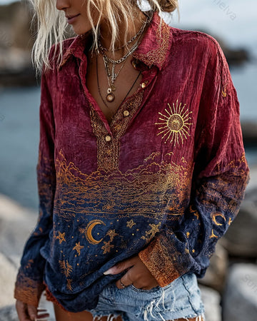 Women's Summer Star and Moon-Themed Embroidered Polo Top 2904