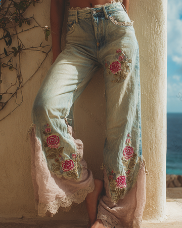 Women's Outdoor Fashion Floral Embroidery Color Block Gradient Denim Linen Pants 3345