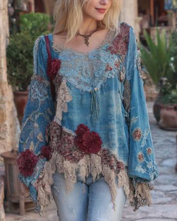 Women's Fashionable Floral Embroidered Asymmetrical Top 8753