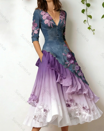 Women's Elegant Flowers Embroidery Irregular Ruffle Linen Patchwork Dress 1865