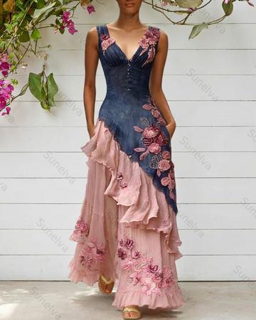 Women's Summer Elegant Flowers Embroidery Irregular Ruffle Linen Dress 9709