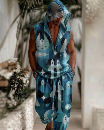 Men's Fashion Color-Blocked Printed Sleeveless Hooded Sweatshirt and Pants Two-Piece Set 2257