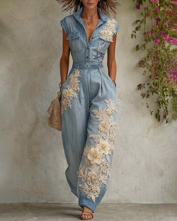 Women's Summer Floral Beaded Embroidered Patchwork Jumpsuit 2829