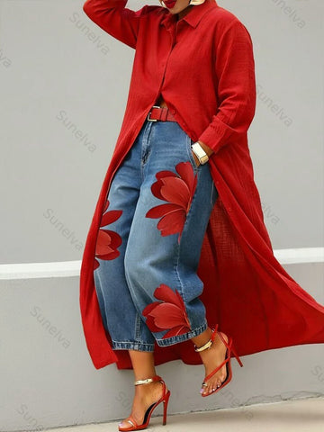 Women's Casual Cotton-Linen Shirt + Jeans 9a69