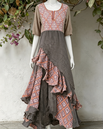 Women's Vacation Contrasting Color Irregular Ruffle Linen Dress 9064