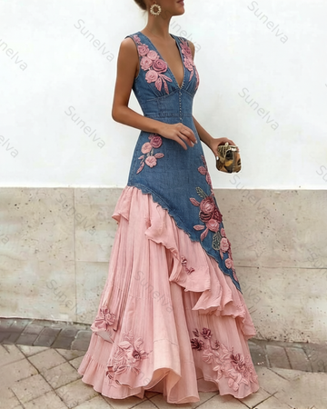 Women's Vacation Irregular Ruffle Flowers Embroidery Dress 2078
