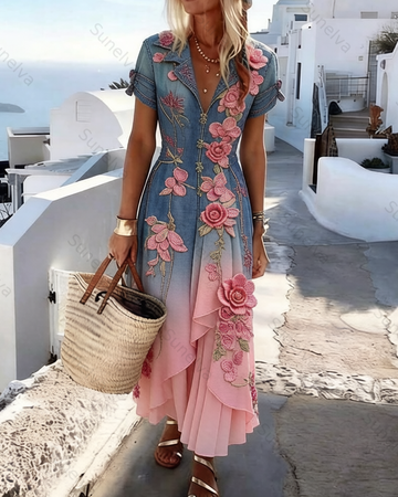 Women's Vacation Irregular Ruffle Flowers Embroidery Patchwork Dress 2993