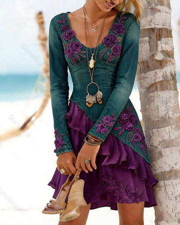 Women's Elegant Floral Embroidered Ombré Dress with Asymmetrical Ruffles 7807