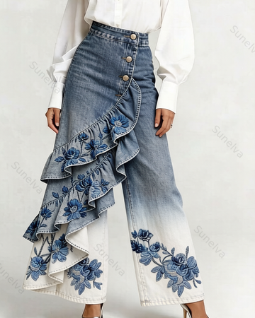 Women's Summer Elegant Floral Embroidery Ruffled Patchwork Gradient Denim Jeans  4436