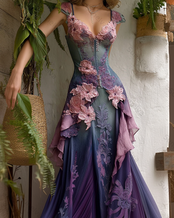 Women's Elegant Gradient Irregular Ruffle Flowers Embroidery Dress 3838