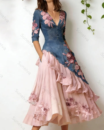 Women's Elegant Flowers Embroidery Irregular Ruffle Linen Patchwork Dress 1865