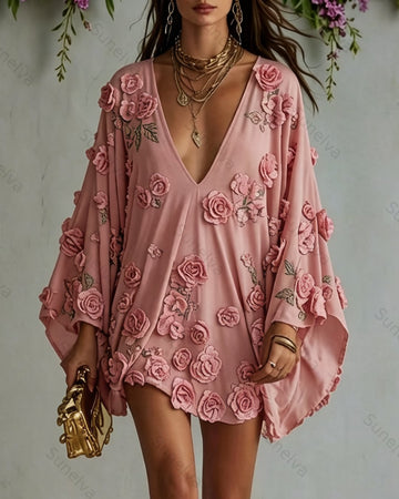 Women's Summer Pink Floral Embroidered Mini dress 7229