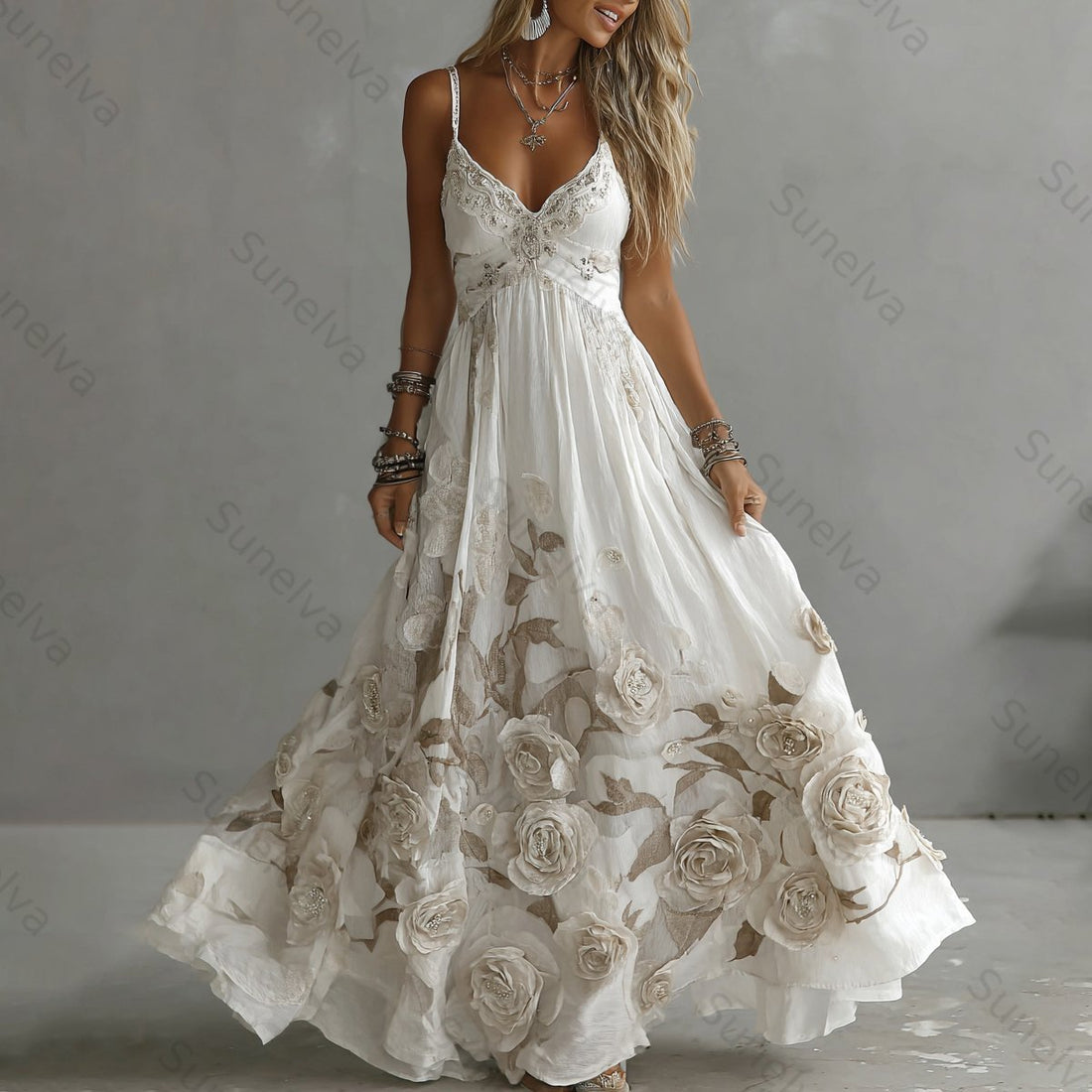 Women's Vintage Rose Embroidery Art V-neck Suspender Maxi Dress 4335