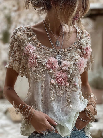 Women's Pink Rose Embroidery Art Round Neck Short Sleeve Linen Blend T-shirt 29bd