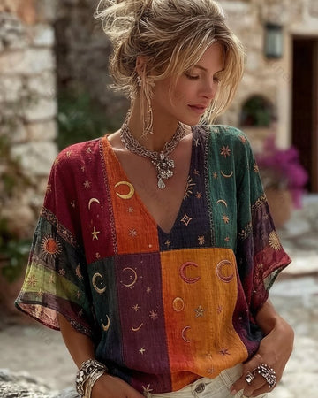 Women's Summer Star and Moon-Themed Embroidered Top 9094