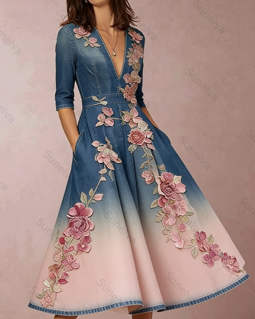 Women's Vacation Gradient Irregular Flowers Embroidery Denim Dress 3511
