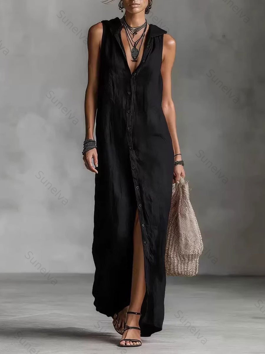 Women's Retro Hooded Solid Color Long-sleeved Cotton Linen Dress 0f4c