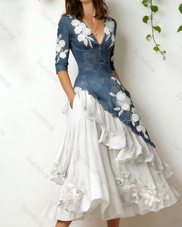 Women's Elegant Flowers Embroidery Irregular Ruffle Linen Patchwork Dress 1865