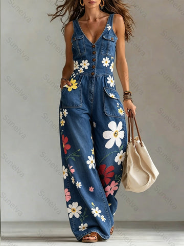 Women's Washed Denim Loose-Fit Sleeveless Jumpsuit with Straps  4967