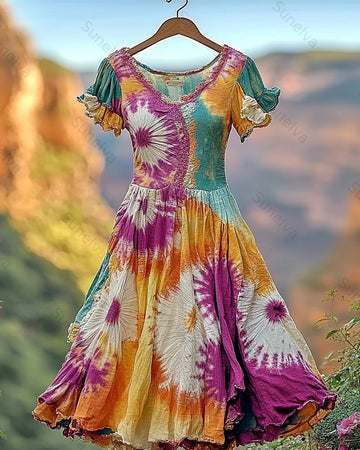 Women's Summer Vacation Fashionable and Elegant Tie-Dye Cotton Linen Short-Sleeve Dress 6685