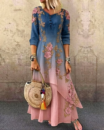 Women's Elegant Asymmetrical Ruffled Denim Patchwork Linen Floral Dress 8698