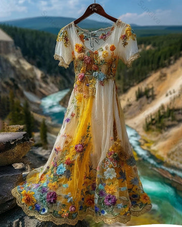 Women's Summer Floral Embroidered Gradient Short-Sleeve Dress 1468