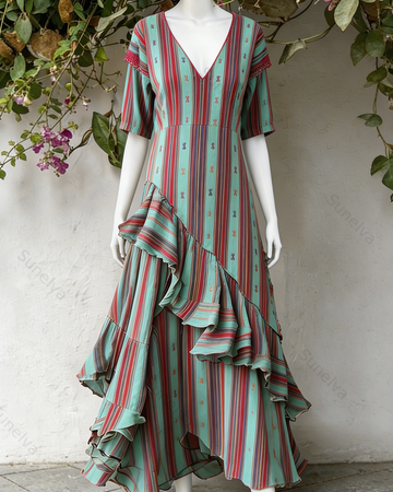 Women's Vacation Contrasting Color Irregular Ruffle Linen Dress 9888