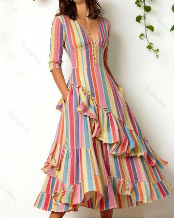 Women's Retro Elegant Colorful Striped Print Irregular Ruffle Patchwork Linen Dress 7618