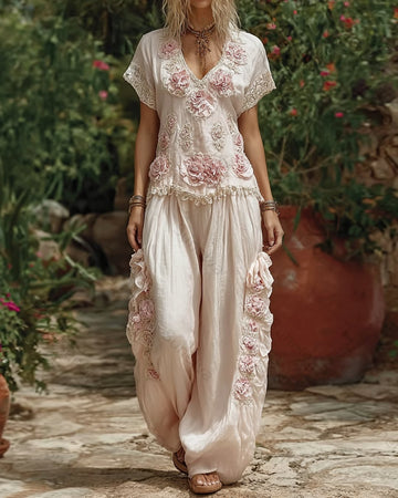 Women's Summer Floral Embroidered Linen Short-Sleeve Top and Long Pants Set 3215