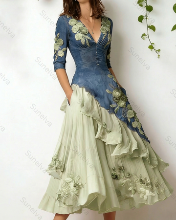 Women's Elegant Flowers Embroidery Irregular Ruffle Linen Patchwork Dress 1865