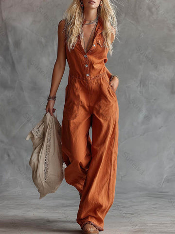 Women's Solid Color Shirt Collar Sleeveless Casual Loose Cotton And Linen Wide-leg Jumpsuit 88df