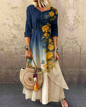 Women's Elegant Asymmetrical Ruffled Denim Patchwork Linen Floral Dress 4372