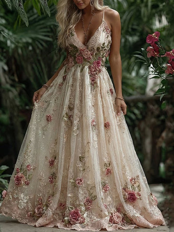 Women's Pink Rose Embroidery Art Suspender Maxi Dress 53c9