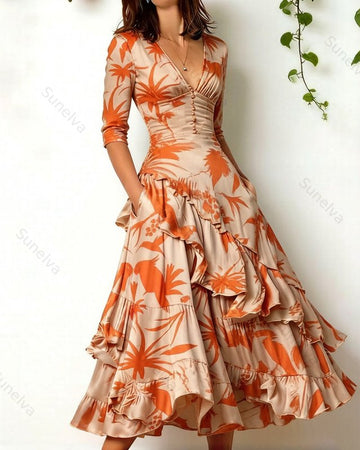 Women's elegant irregular ruffled linen patchwork dress 8078