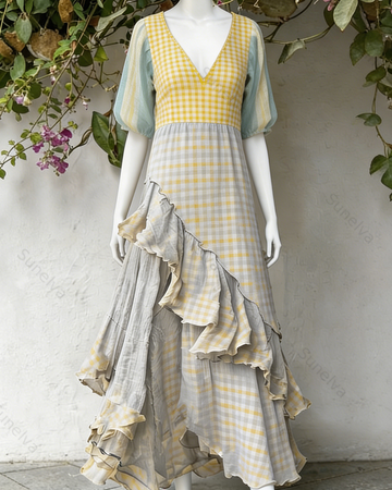 Women's Vacation Contrasting Color Irregular Ruffle Linen Dress 5314